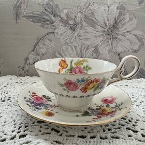 Vintage Floral Bone China Teacup and Saucer